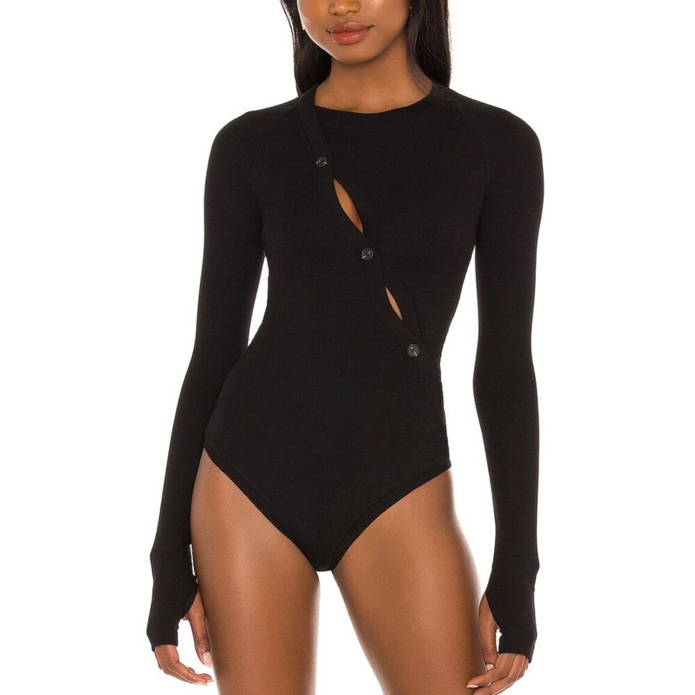 Alix NYC Pearson Black Bodysuit Ribbed Asymmetric Button Size S - Picture 2 of 7